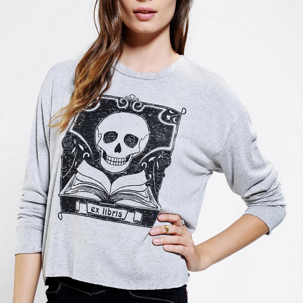 Urban Outfitters Grey Skull Long Sleeve Crop Top